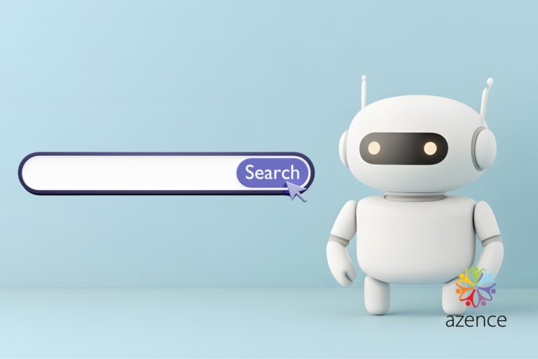 A friendly white AI robot stands next to a search bar, representing the concept of using schema markup for AI search