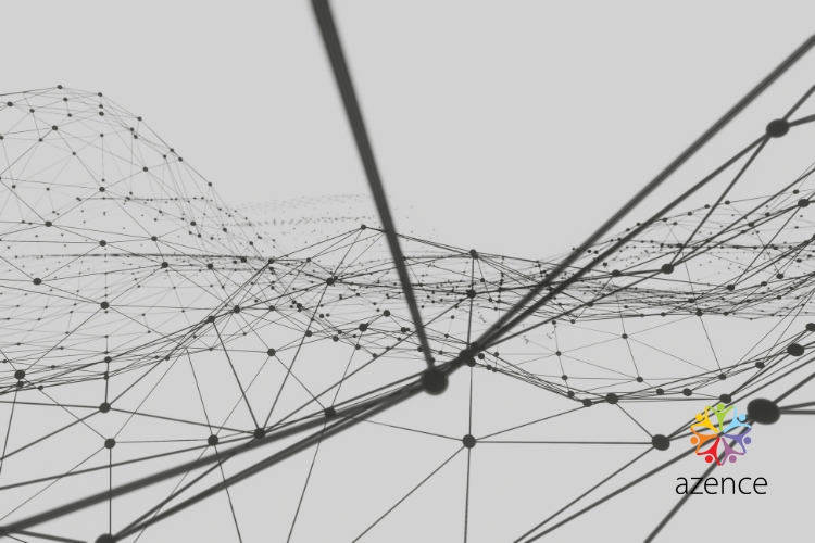 Abstract gray network of connected nodes representing SaaS integrations and third-party app connections; Azence logo at bottom right.