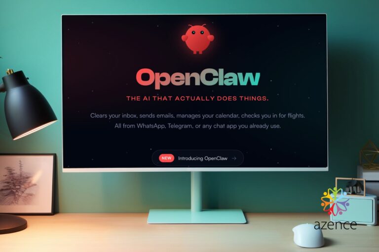 A 3D illustration of a friendly, futuristic robot assistant representing OpenClaw working efficiently on a laptop, but casting a dark, ominous shadow on the office wall shaped like a hooded hacker. This symbolizes the hidden 'Shadow AI' security risks of deploying unmanaged autonomous agents in a business environment.