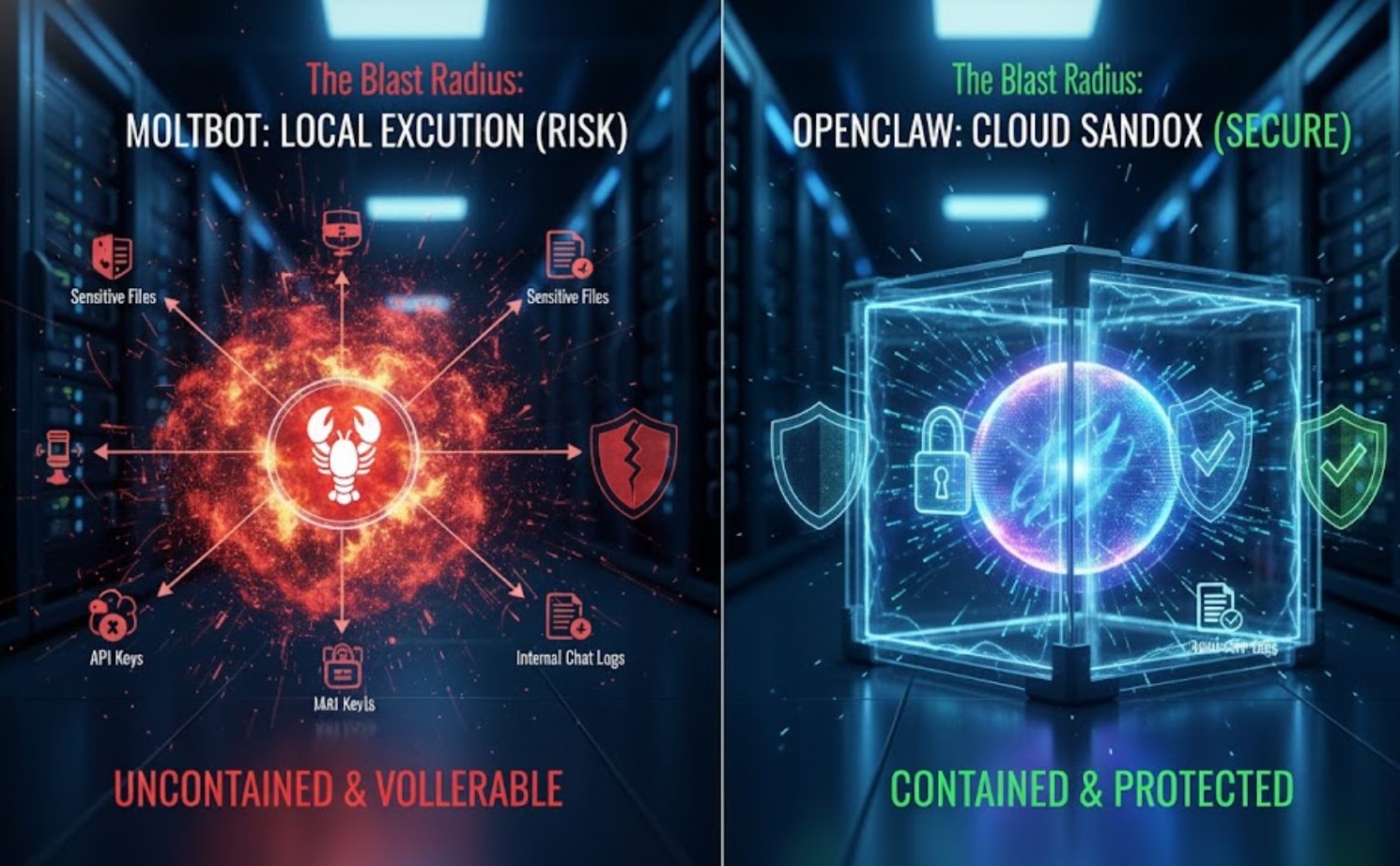 A split-screen security architecture flowchart comparing the high-risk 'uncontained' execution of Moltbot versus the secure 'cloud sandbox' environment of OpenClaw.