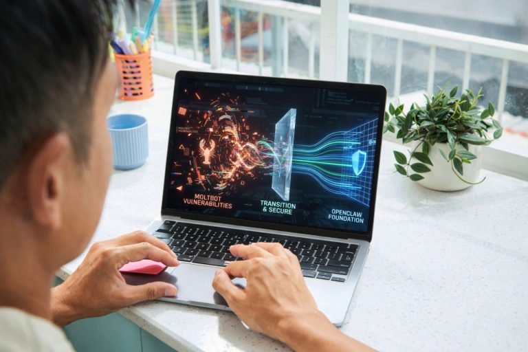 A business leader reviewing a secure OpenClaw AI agent dashboard on a laptop, demonstrating safe enterprise AI deployment.