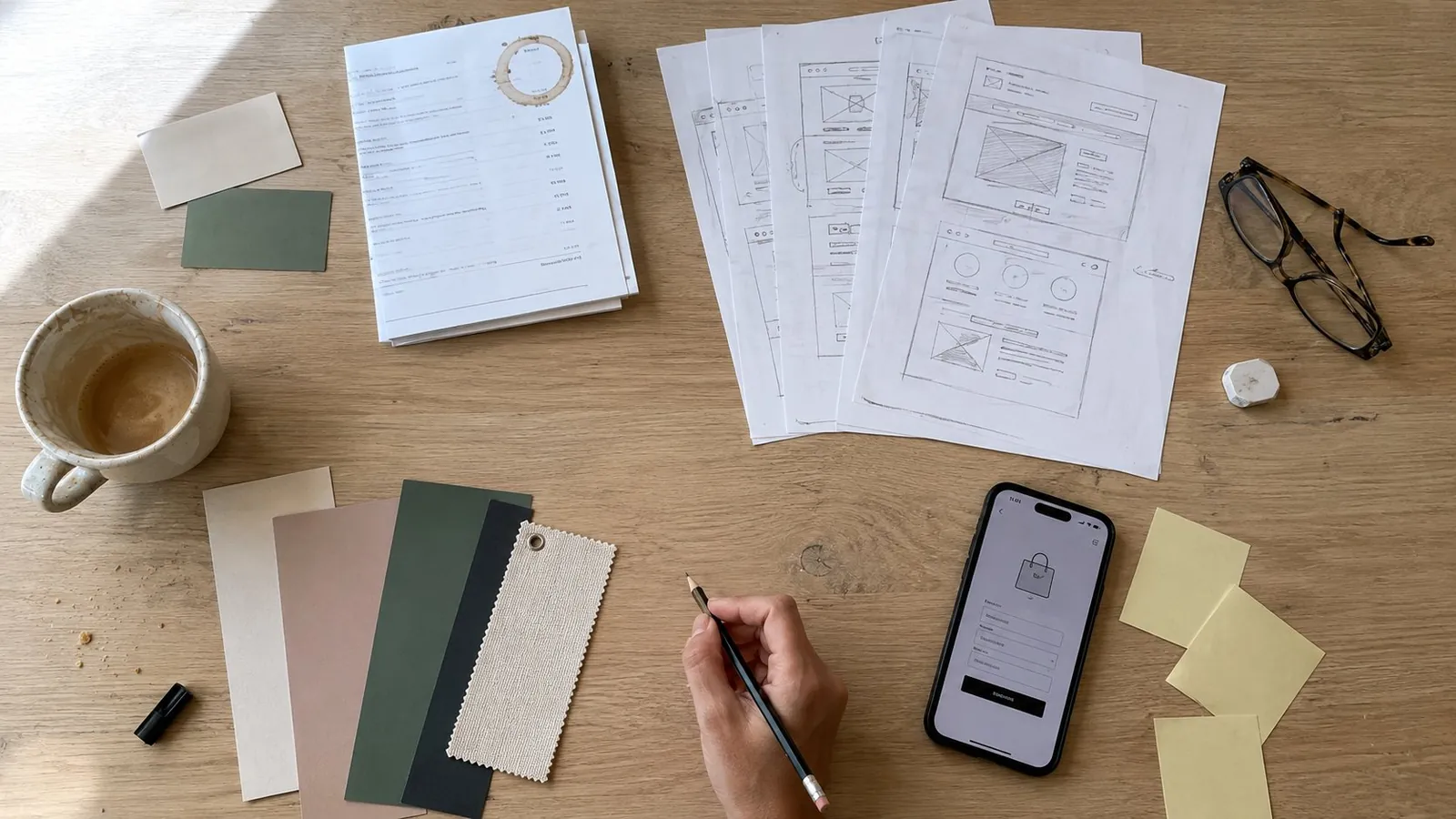 Flat-lay of website planning materials representing the four factors behind web design cost in Singapore