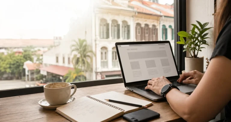 Workspace by a window with a laptop showing a website layout and a Singapore shophouse street outside