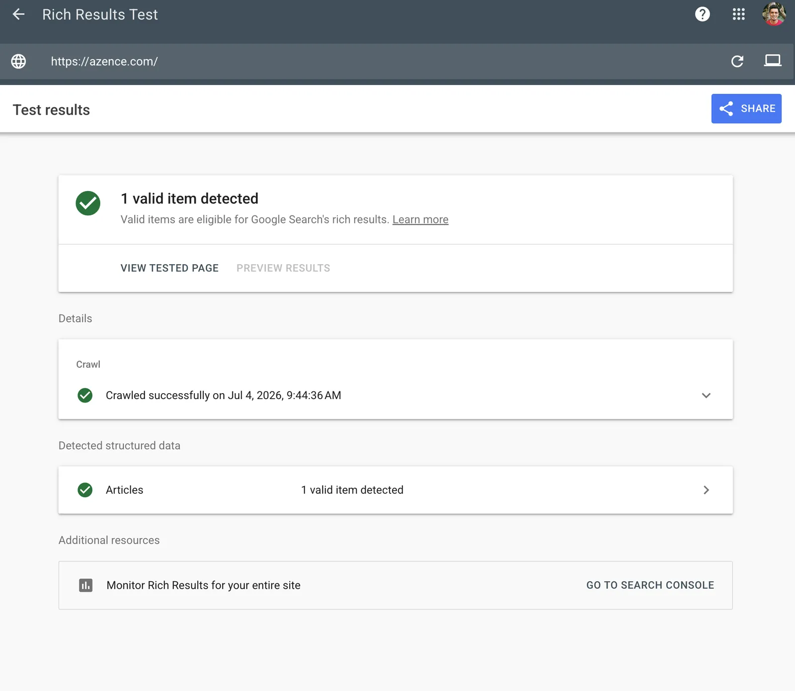 Google Rich Results Test showing one valid Article structured data item detected on azence.com
