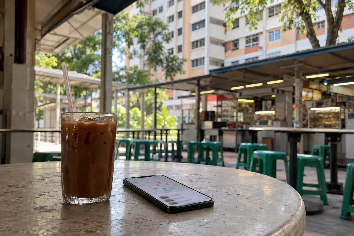 Phone on a coffee shop table beside iced kopi, showing nearby businesses as pins on a map, with an HDB block behind
