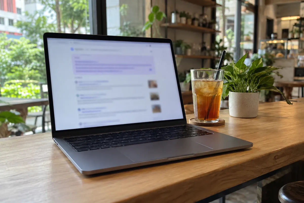 Laptop on a café counter showing a search results page with a summary box above the links