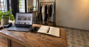 Wooden counter in a Singapore shophouse boutique with an open laptop, a silent phone and a blank notebook beside a clothing rail