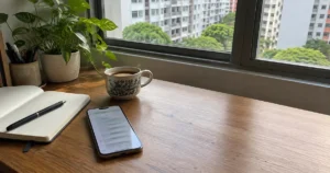 Desk by a window overlooking HDB blocks, with a phone showing an AI chat answer beside a notebook and a cup of kopi