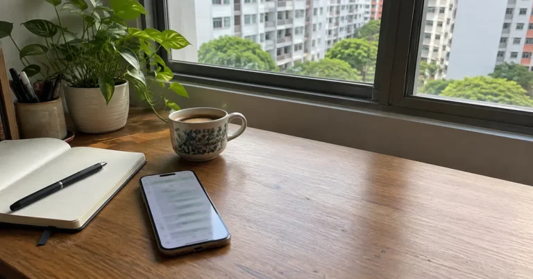 Desk by a window overlooking HDB blocks, with a phone showing an AI chat answer beside a notebook and a cup of kopi