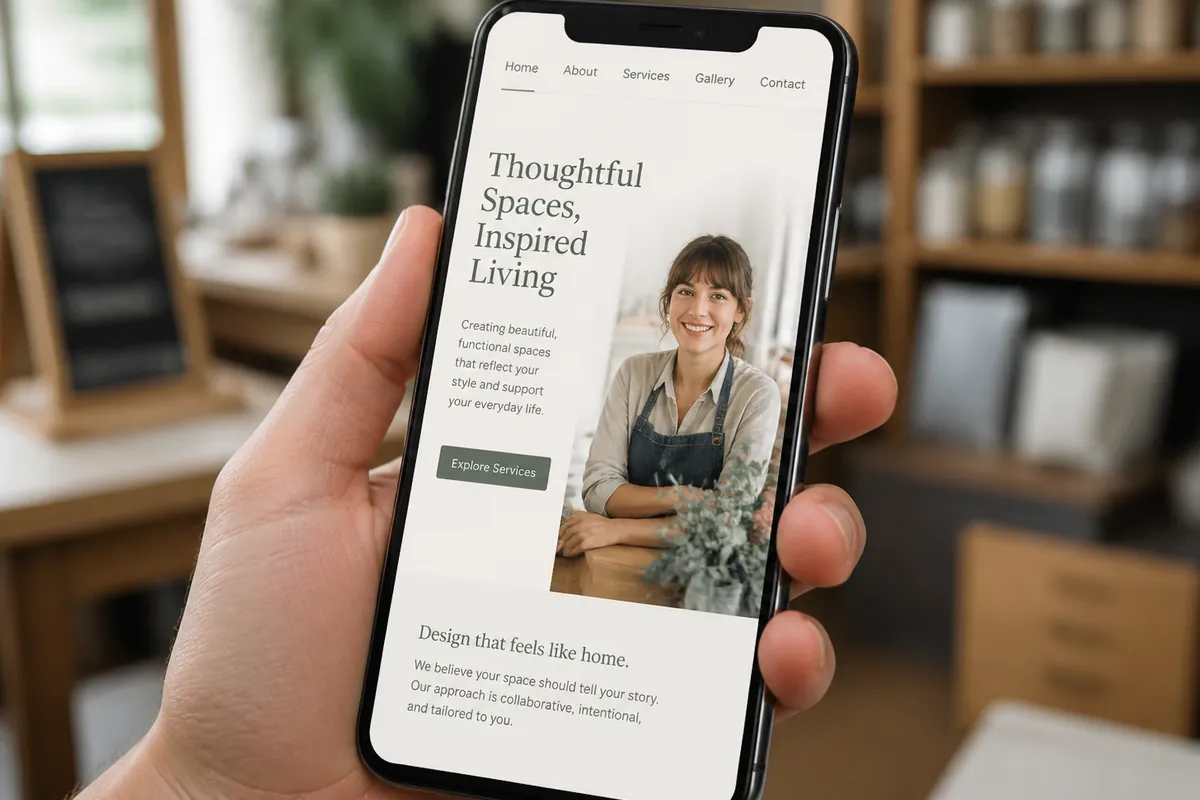 Hand holding a phone showing a small business website with Home, About, Services, Gallery and Contact in the menu and an Explore Services button
