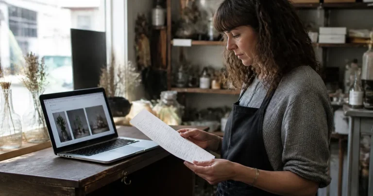Small business owner in an apron reading a printed quote at her shop counter, beside a laptop showing her website.